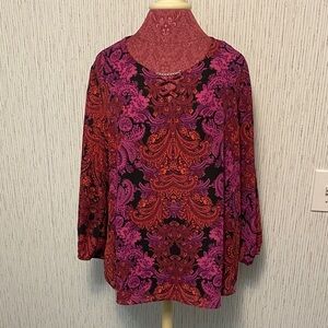 Est 1846 Women's 1X Red Black & Purple Multicolor Paisley V-Neck Banded Cuff Top